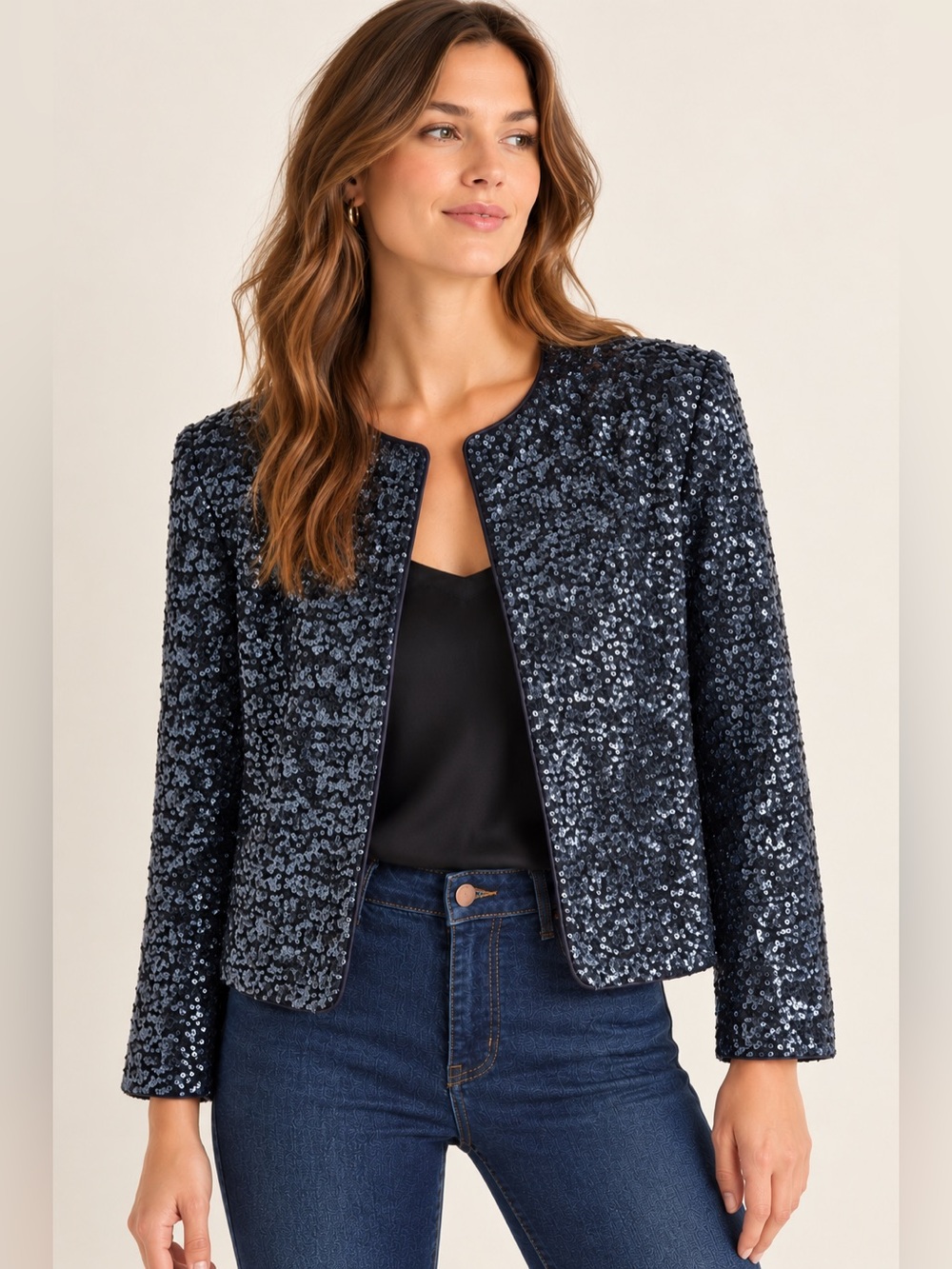 Boden Sequin Collarless Jacket Navy Size 2 NWT